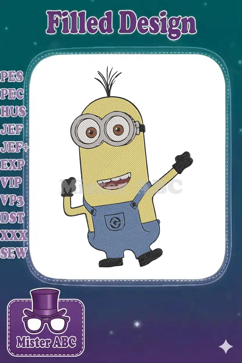 A cheerful Minion character machine embroidery design, featuring yellow skin, blue overalls, and goggles.