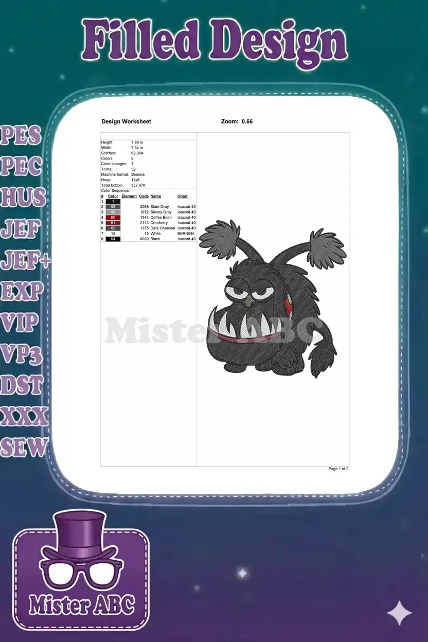 Embroidery design worksheet displaying dimensions, stitch count, color sequence, and machine compatibility for the monster.