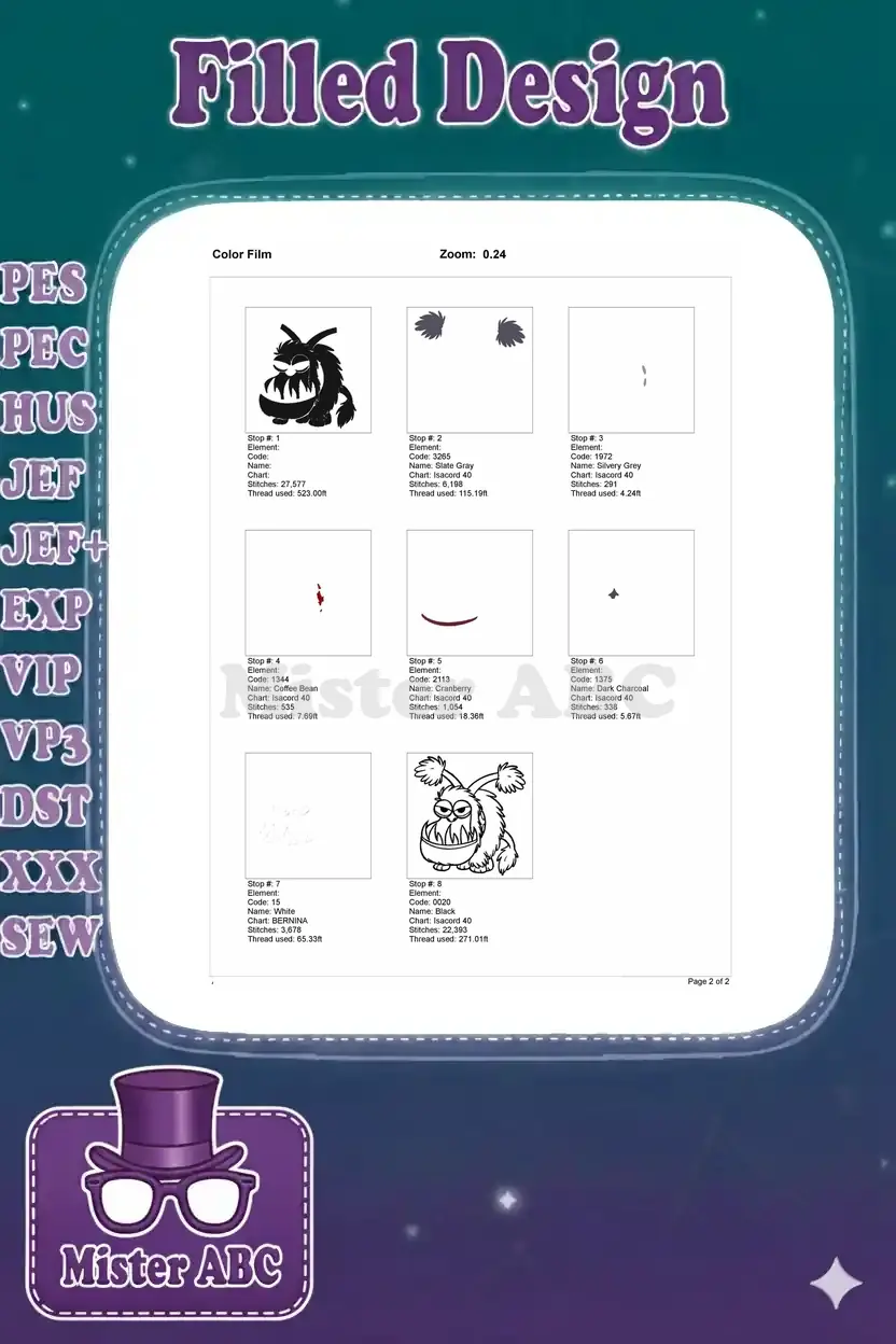 Color film sequence for the monster embroidery design, showing each stitch stop, thread usage, and color application.