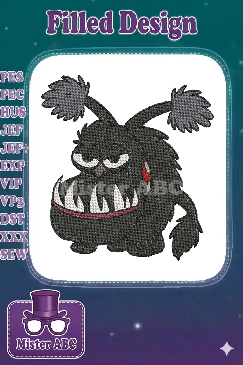 Close-up of a grumpy black monster embroidery design with large white teeth, fluffy ear tufts, and red collar detail.