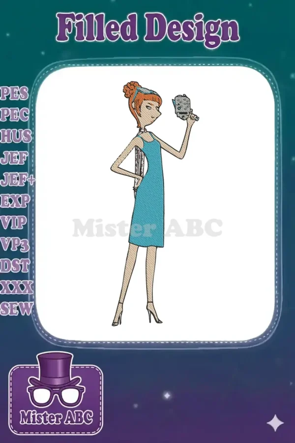 Full-body embroidery design of a stylish woman with red hair, blue dress, and headband, holding a retro film camera.