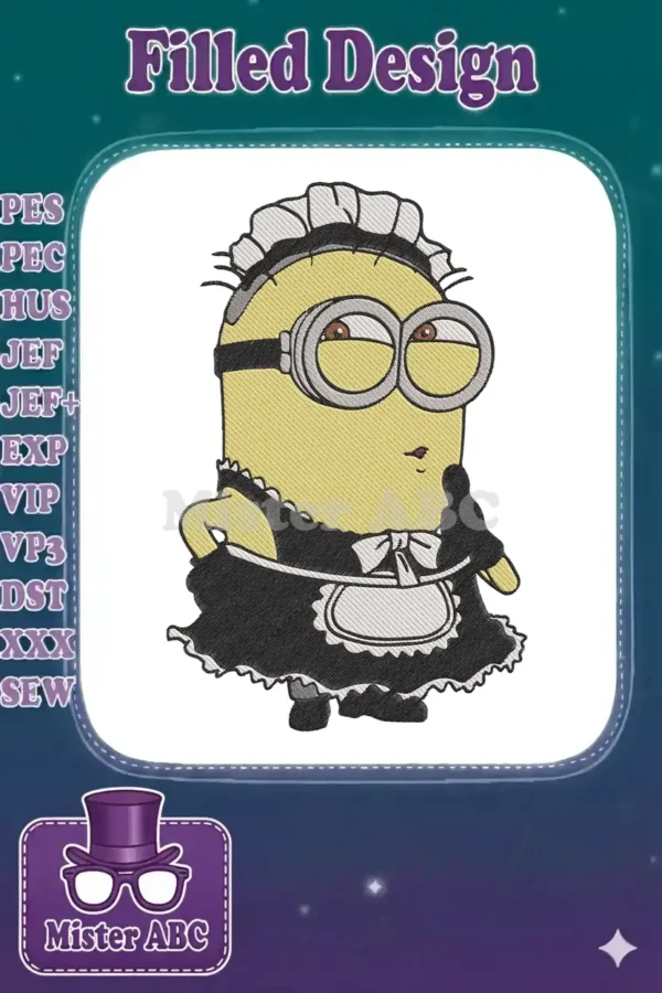 Minion character in a detailed maid's outfit, featuring a black dress, white apron, and frilly headpiece, ready for embroidery.