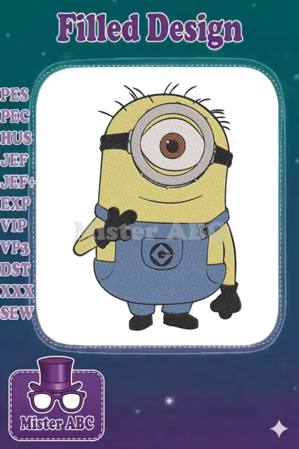 A delightful Minion embroidery design, featuring the iconic yellow character with one eye, goggles, and blue overalls.