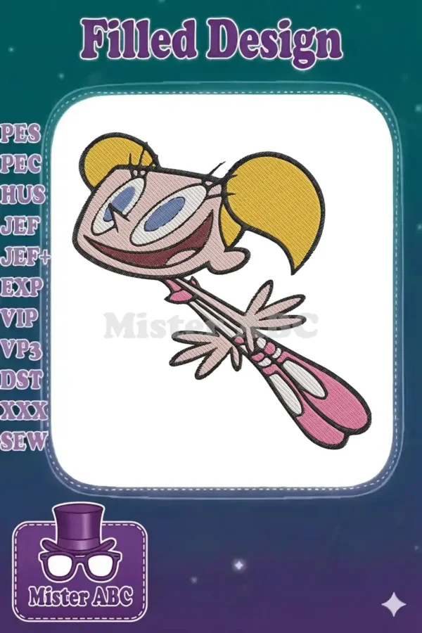 Vibrant embroidery design featuring Dee Dee from Dexter's Laboratory in a dynamic ballet pose, ready to stitch.