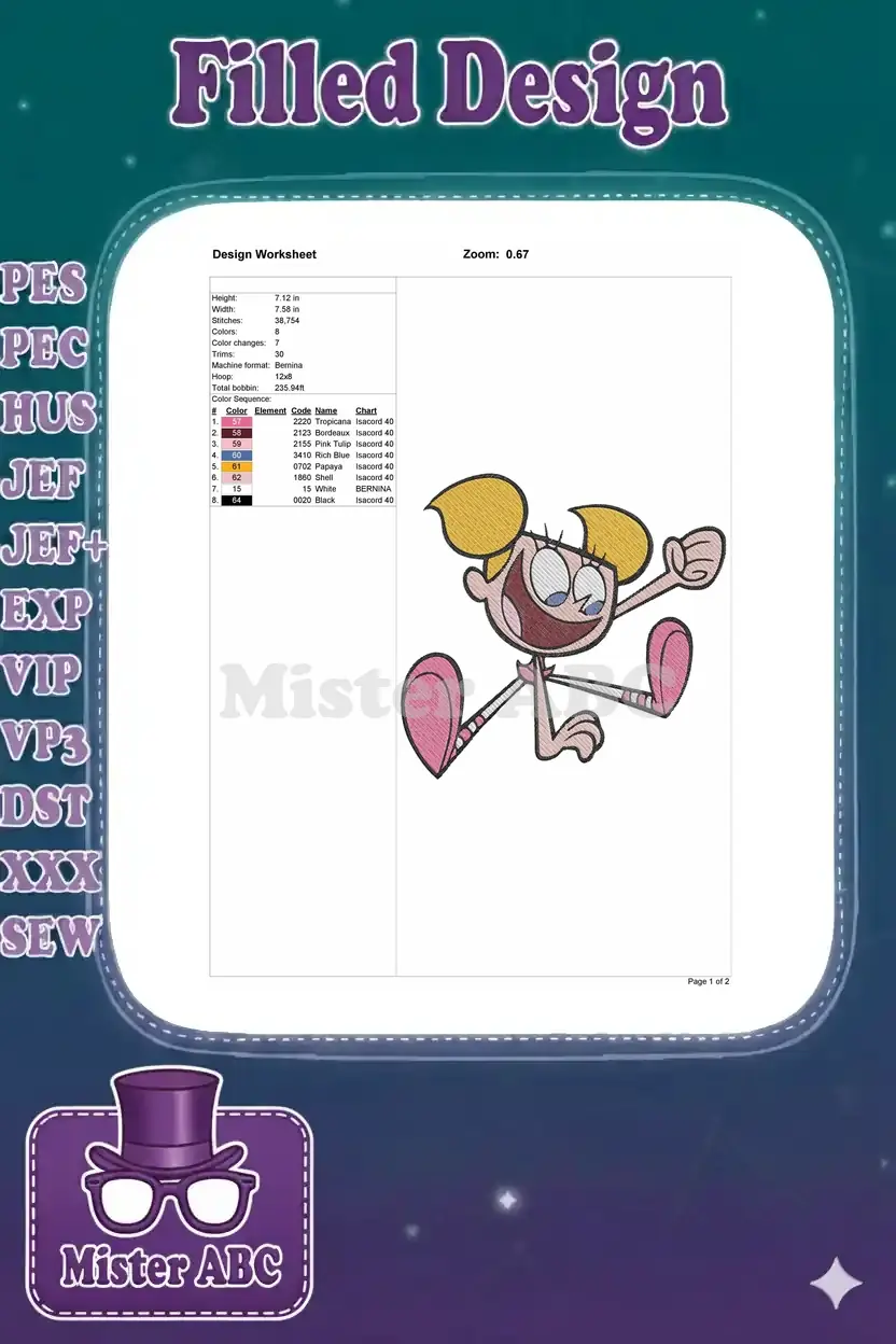 Detailed embroidery design worksheet for Dee Dee, showing dimensions, stitch count, color sequence, and machine info.