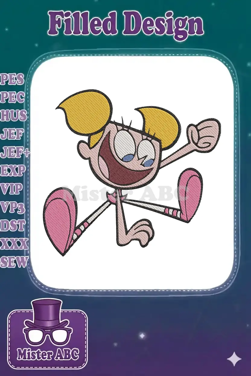 Vibrant embroidery of Dee Dee from Dexter's Laboratory, captured mid-jump with a joyful expression and detailed stitching.