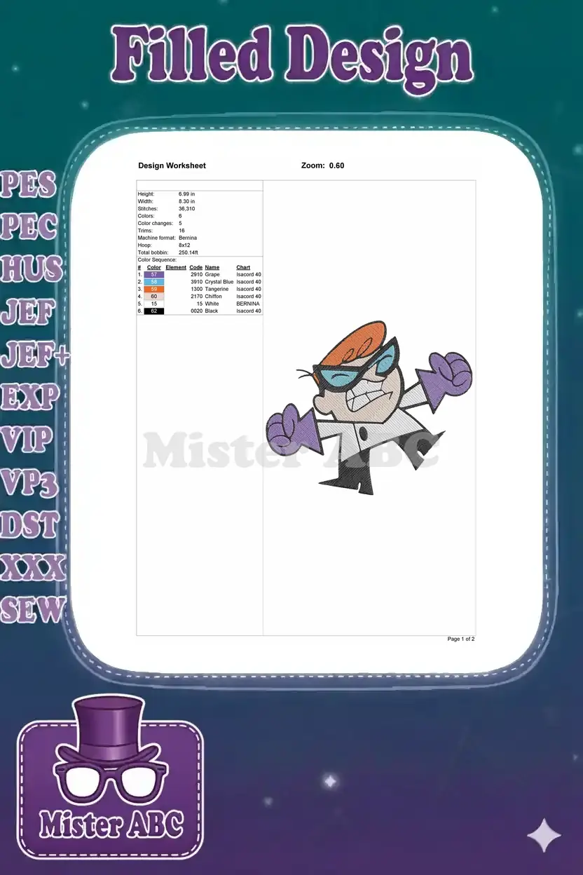 Embroidery design worksheet detailing dimensions, stitch count, color sequence, machine format, and a small preview of the Dexter design.