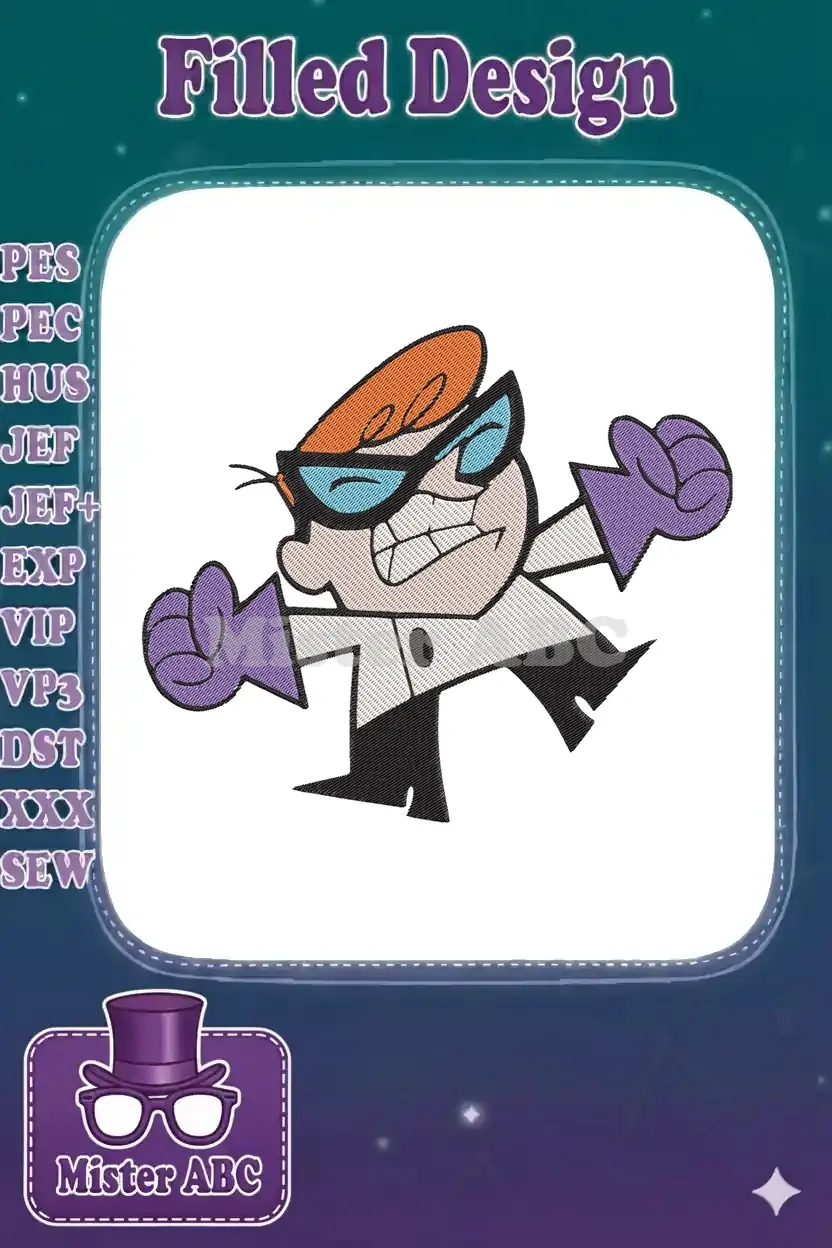 Embroidered design of Dexter from Dexter's Laboratory, clenching fists with a determined, angry expression. Vibrant colors.