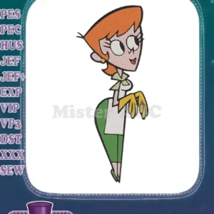 Embroidery design of Dexter's Mom, featuring her iconic orange hair, green outfit, and yellow gloves.