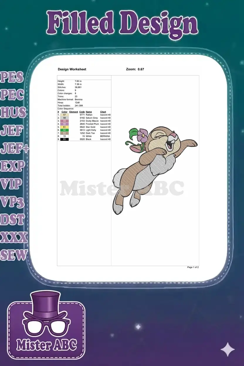 Embroidery design worksheet for Thumper, detailing dimensions, stitch count, color sequence, and thread types.
