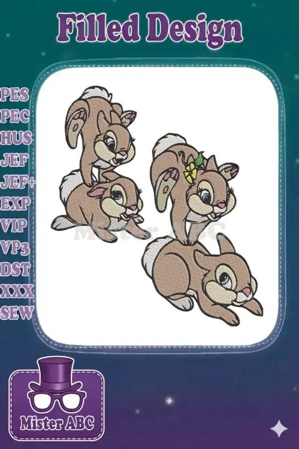 Two sets of adorable embroidered Disney rabbits, Thumper's sisters, playfully stacked on a white background.
