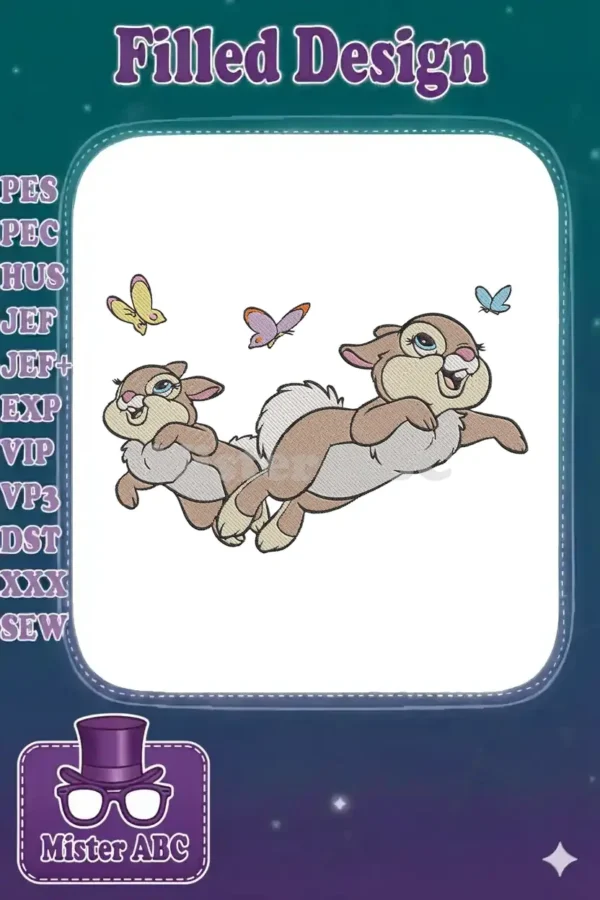 Two cheerful cartoon bunnies, Thumper and his sister, leaping with three colorful butterflies flying around them.