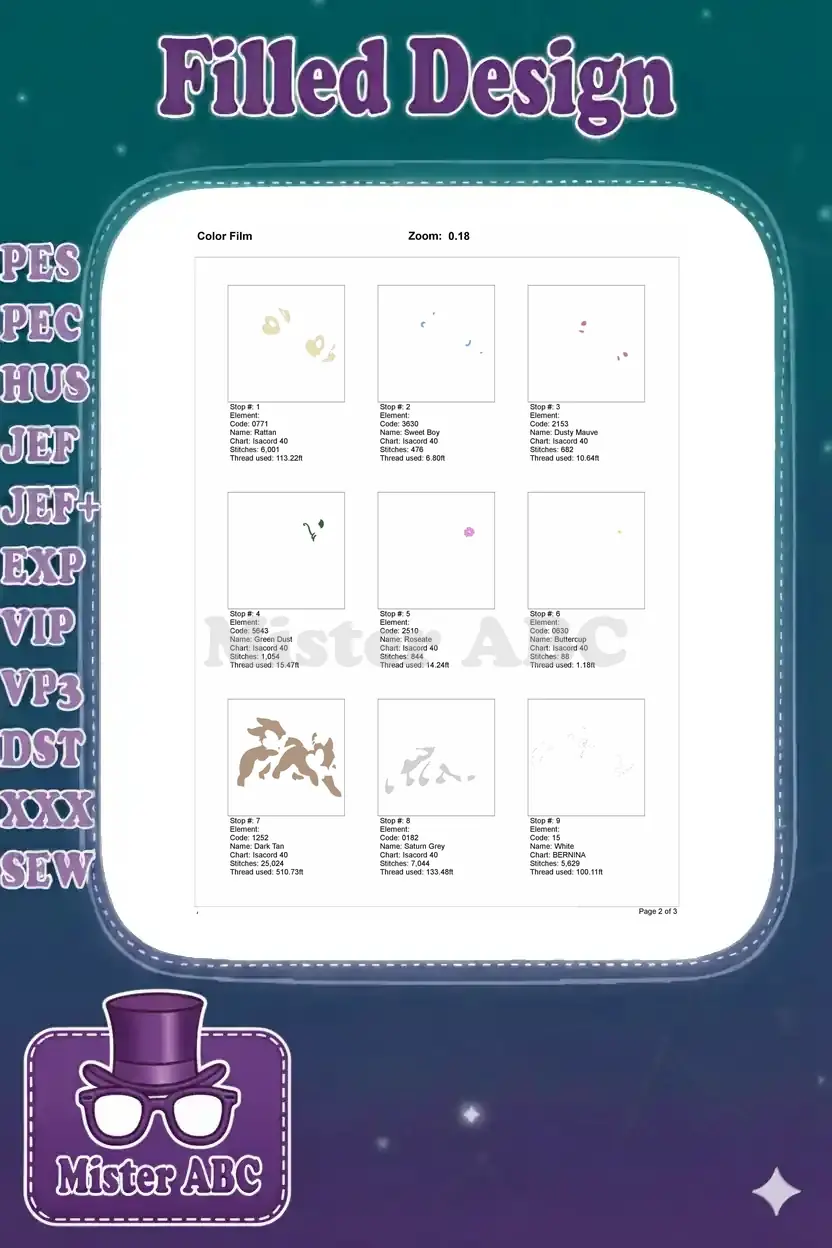 First page of the Color Film, illustrating the initial embroidery thread color layers for the design.