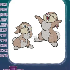 Two playful Thumper embroidery designs: one sitting, one jumping, showcasing detailed fill stitches and outlines.