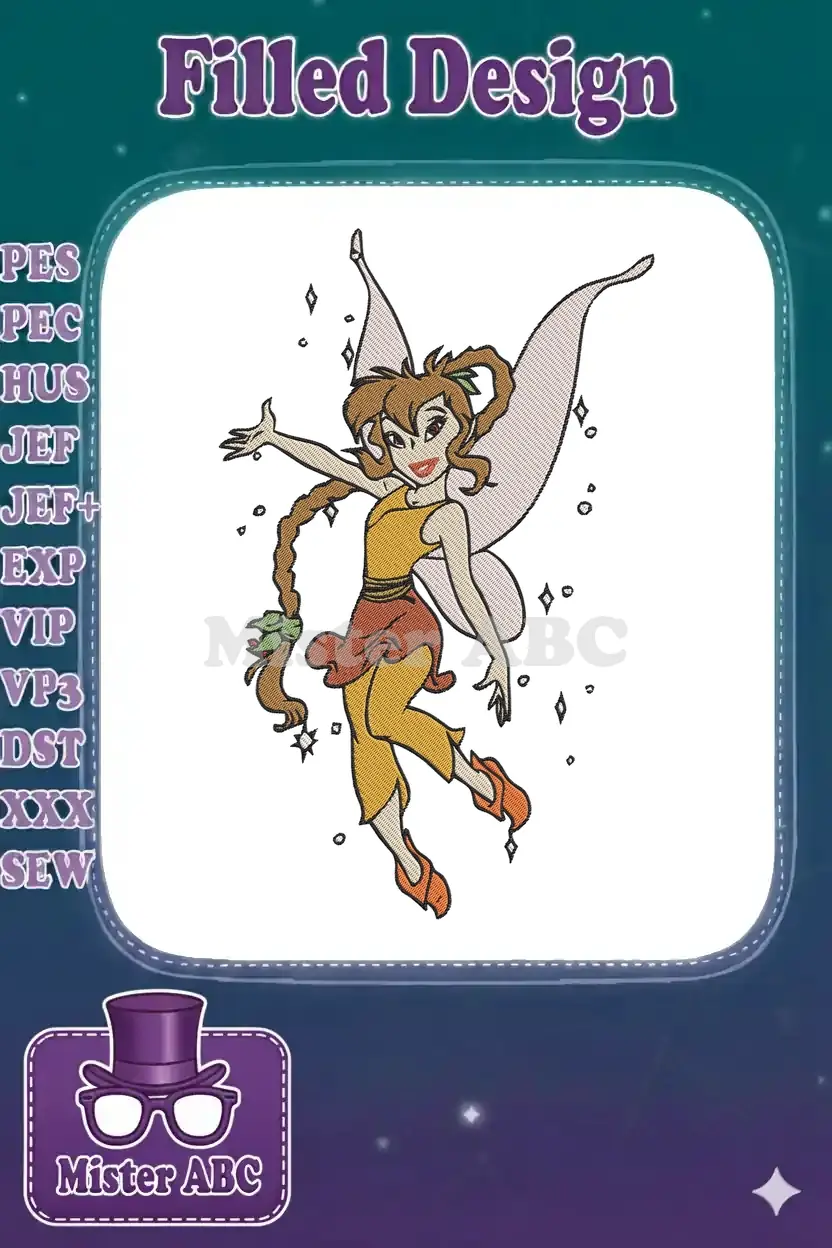 A full-color embroidery design of Fawn, the nature fairy from Disney, in a dynamic pose with pixie dust.