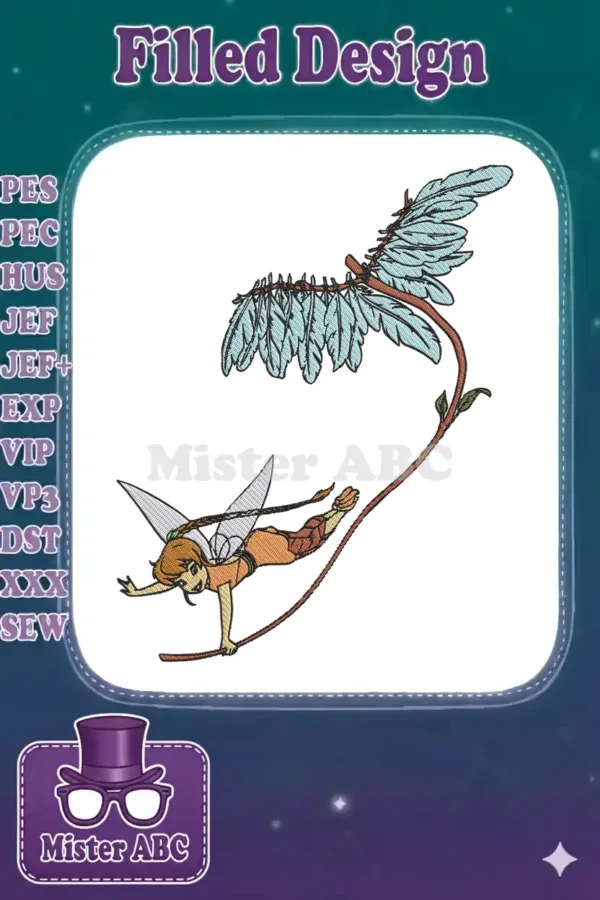 An enchanting embroidery design featuring a playful pixie with delicate wings, gracefully swinging on a winding vine.
