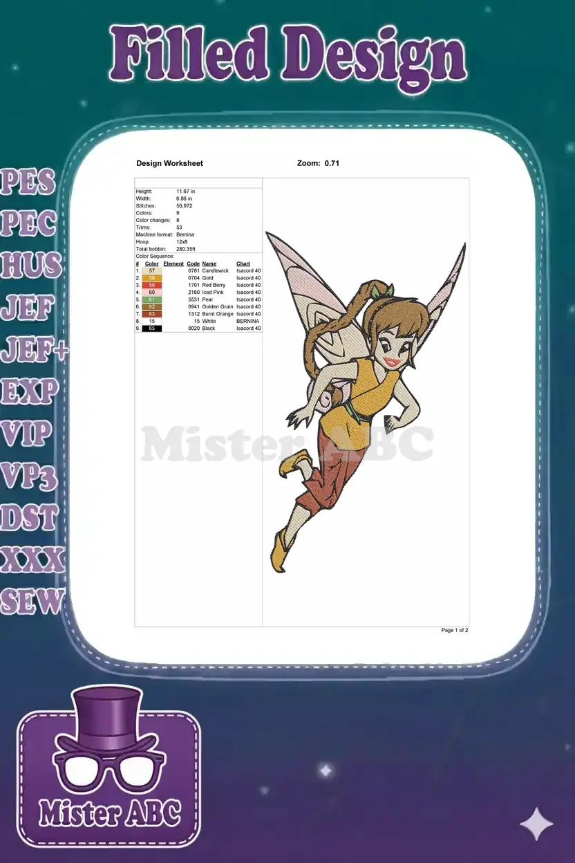 An embroidery design worksheet displaying the fairy design, along with specifications like dimensions, stitch count, and thread colors.