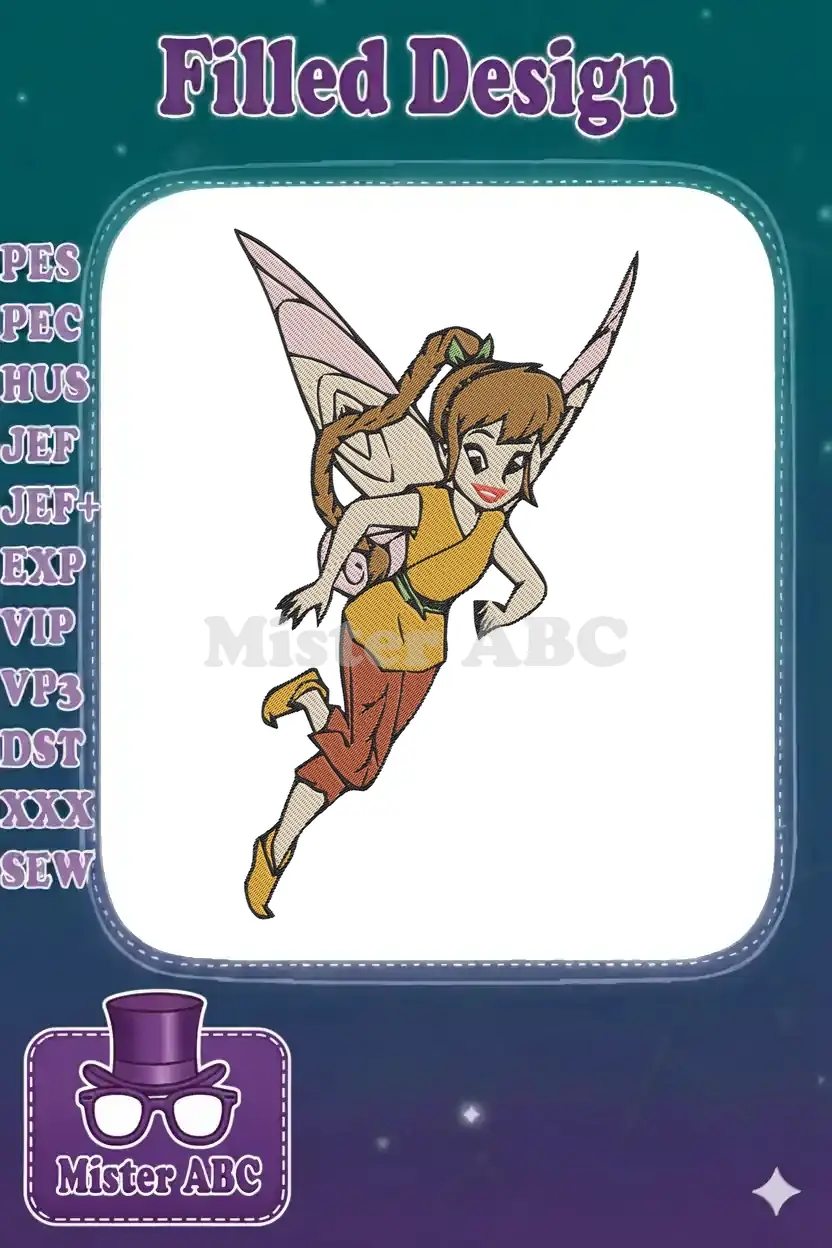 A vibrant embroidery of a whimsical fairy in mid-flight, featuring a brown ponytail, orange top, and delicate pink wings.