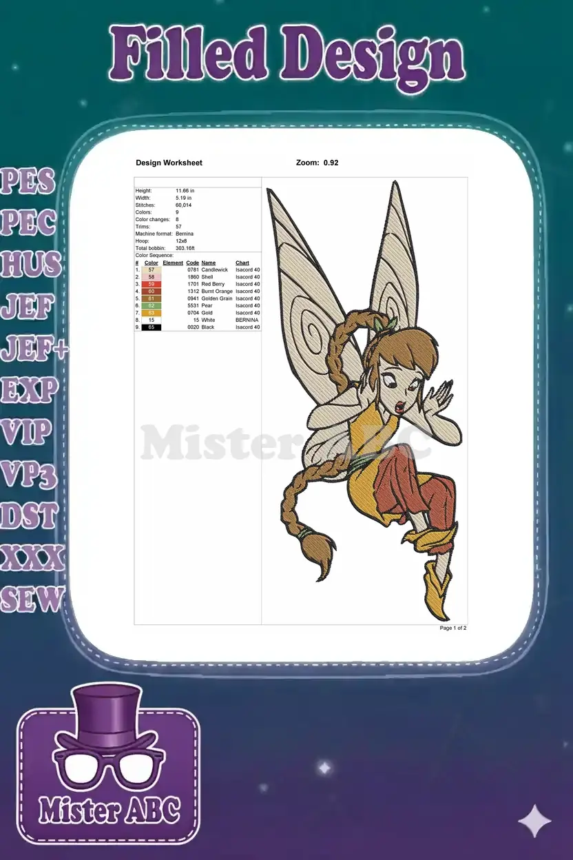 Embroidery design worksheet detailing stitch count, dimensions, color sequence, and thread codes for a fairy design.