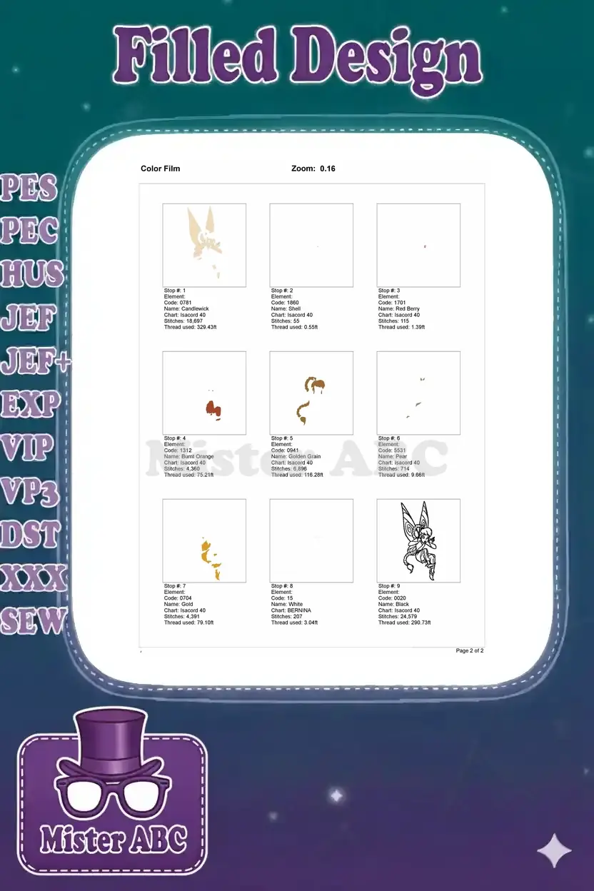 Color film sequence for the fairy embroidery design, showing individual color layers and stitch counts.