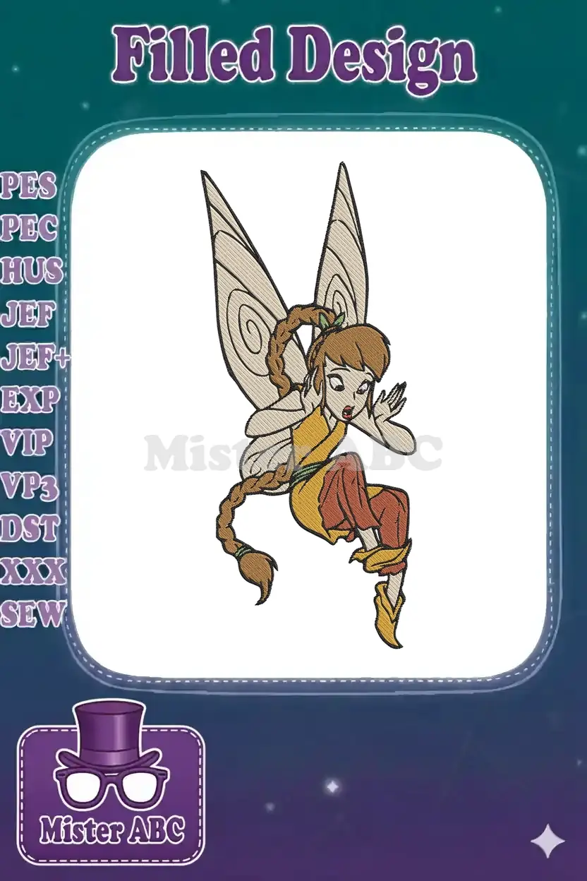 A vibrant embroidery design featuring a brown-haired fairy with large wings, in a dynamic pose. Perfect for fantasy projects.