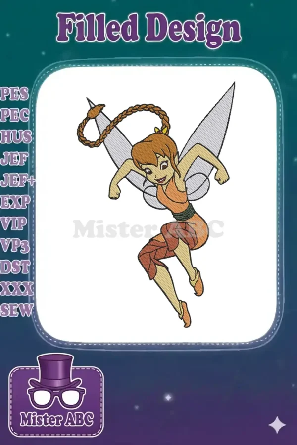 Vibrant embroidery design of Fawn from Disney's Tinker Bell, in a dynamic pose with braided hair and wings.