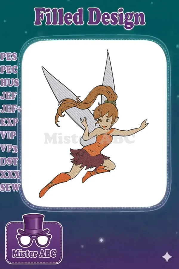 A vibrant embroidery design featuring a whimsical fairy with flowing brown hair, orange attire, and large, detailed wings.