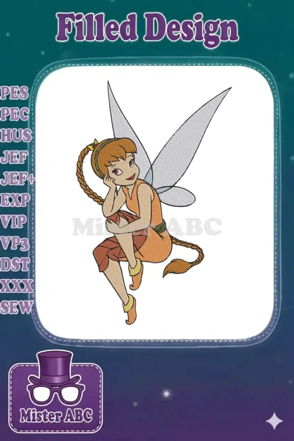 An enchanting embroidery design of Fawn, the animal fairy from Disney's Tinker Bell, in a charming seated pose.