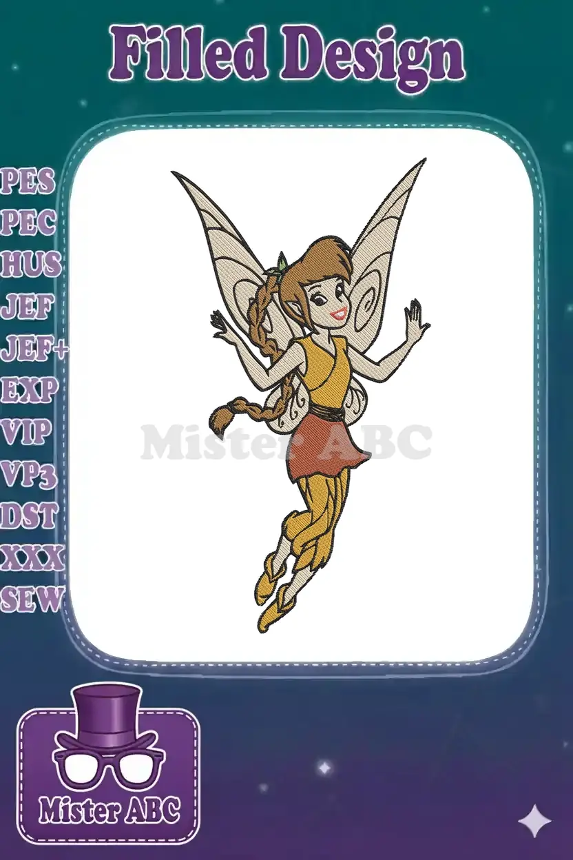 Full-body embroidery design of a cheerful fairy with a long braid, yellow top, red skirt, and intricate beige wings.