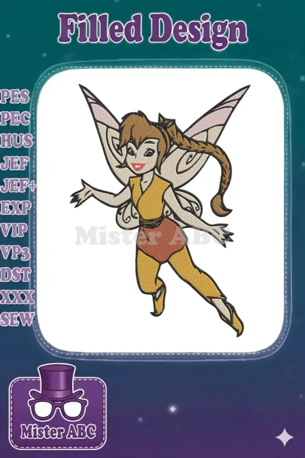 A vibrant embroidery of a playful fairy, Fawn, from Disney's Tinker Bell, with brown hair and wings, mid-flight.