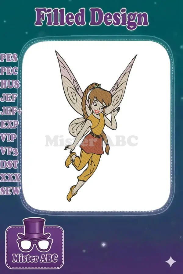 Vibrant embroidery design of Fawn the fairy, from Disney's Tinker Bell movies, shown in mid-flight with detailed wings.