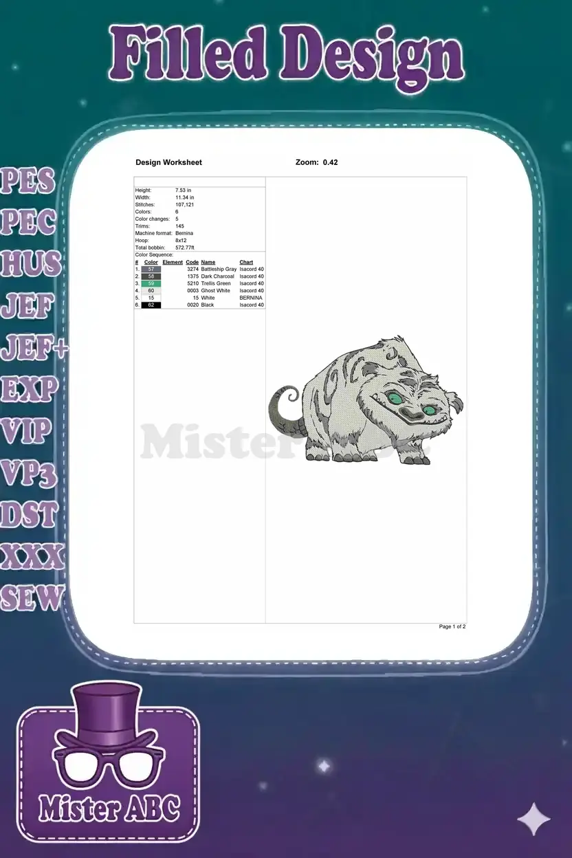An embroidery design worksheet detailing stitch counts, dimensions, color sequence, and machine format for the snow beast.