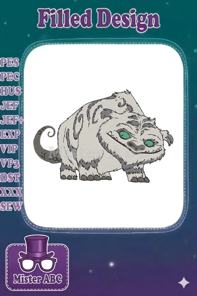 A detailed machine embroidery design of a stylized white fantasy snow beast with piercing green eyes and a mischievous grin.