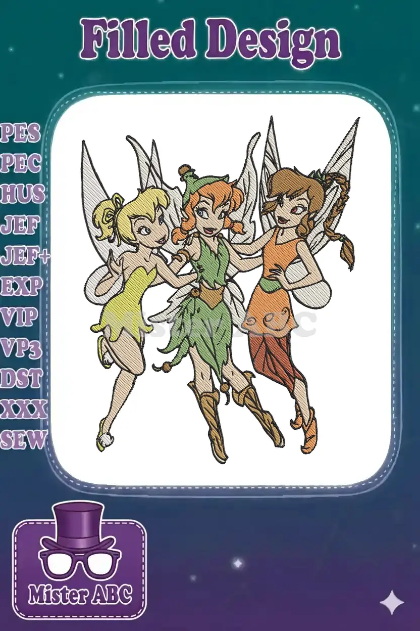 A vibrant machine embroidery design featuring Tinker Bell, Fawn, and Rosetta, three cheerful fairies with delicate wings.