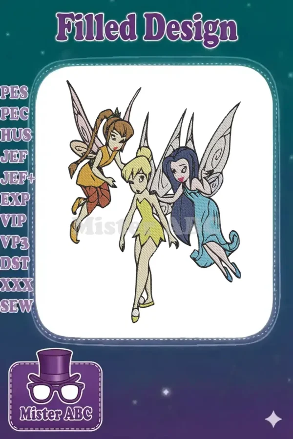 Vibrant machine embroidery design featuring three distinct fairies with delicate wings and colorful outfits, ready to fly.