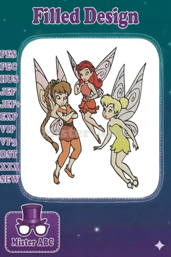 Three enchanting fairies, including Tinker Bell, Fawn, and Rosetta, captured in a vibrant embroidery design, ready to bring magic to your crafts.