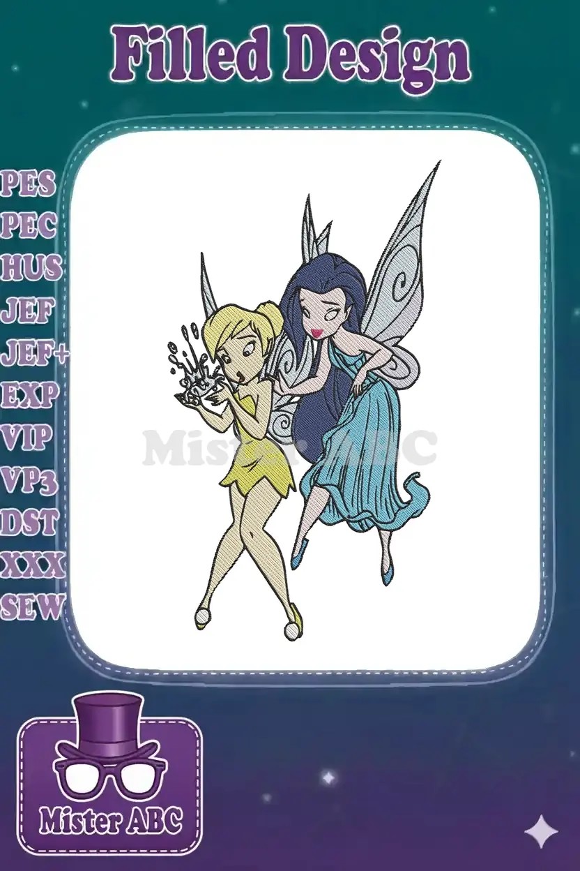 Tinkerbell and Periwinkle embroidery design, showcasing intricate details, vibrant colors, and a dynamic fairy scene.