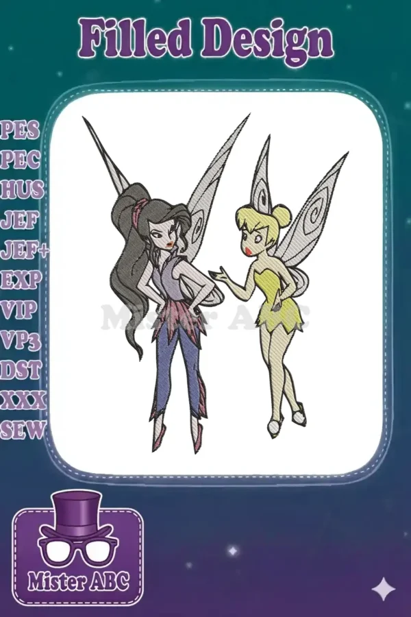 A vibrant embroidery design capturing Tinker Bell and Vidia in a charming pose, showcasing intricate details and colors.