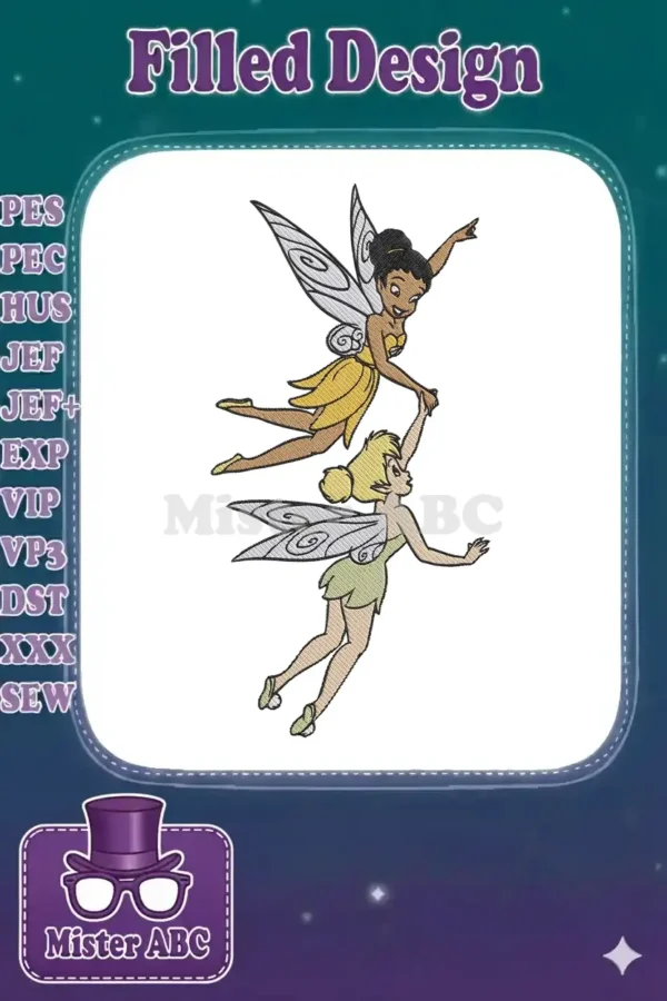 Embroidered design of Tinker Bell in green and Rosetta in yellow, flying together and holding hands.