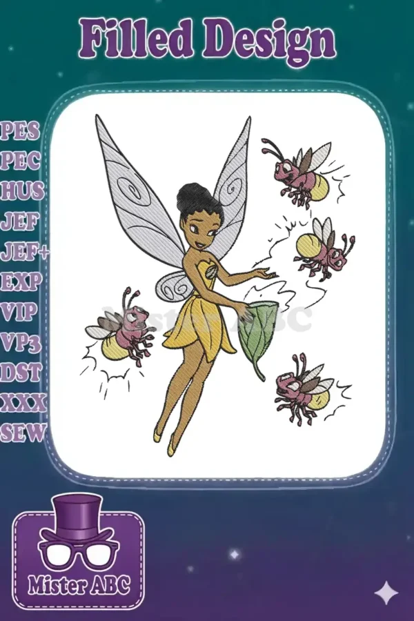 A delightful embroidery design of Tiana as Tinkerbell, a dark-skinned fairy with shimmering wings, among glowing fireflies.