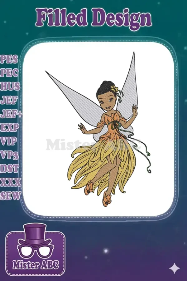 Stunning embroidery design of a dark-skinned fairy in an orange petal dress, with delicate silver wings and a flower.