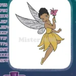 Charming Dark-Skinned Fairy Holding Pink Flower Embroidery Designs - Instant Download