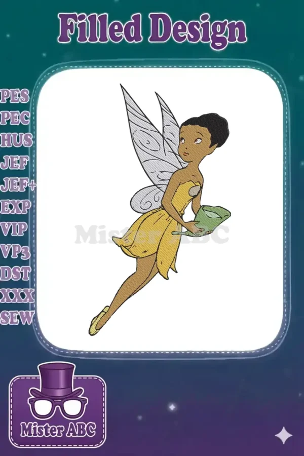 Stunning embroidery design of a dark-skinned fairy with delicate wings, wearing a yellow dress and holding a leaf.
