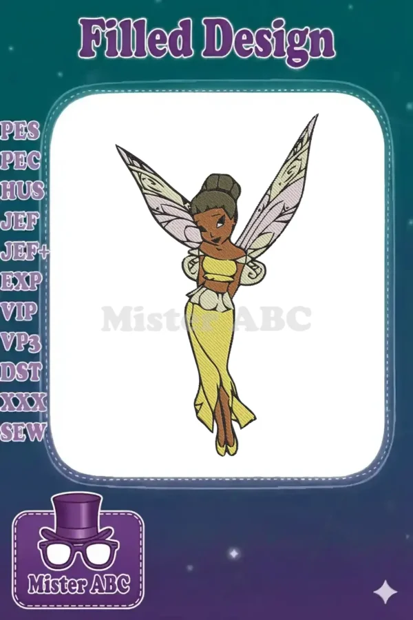 Embroidery design of Tiana from Princess and the Frog as a fairy, with a yellow dress and intricate wings.