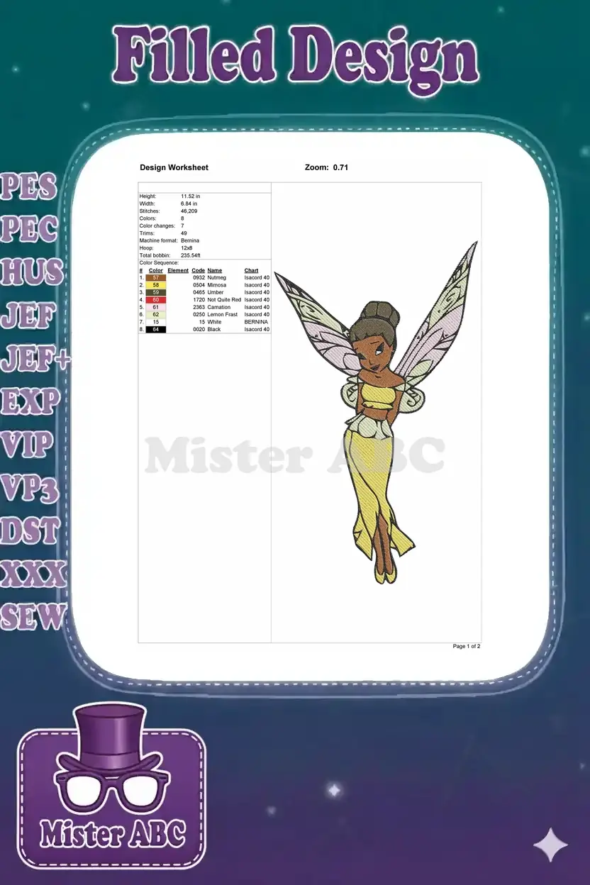 Detailed embroidery design worksheet showing dimensions, stitch count, colors, and machine information.