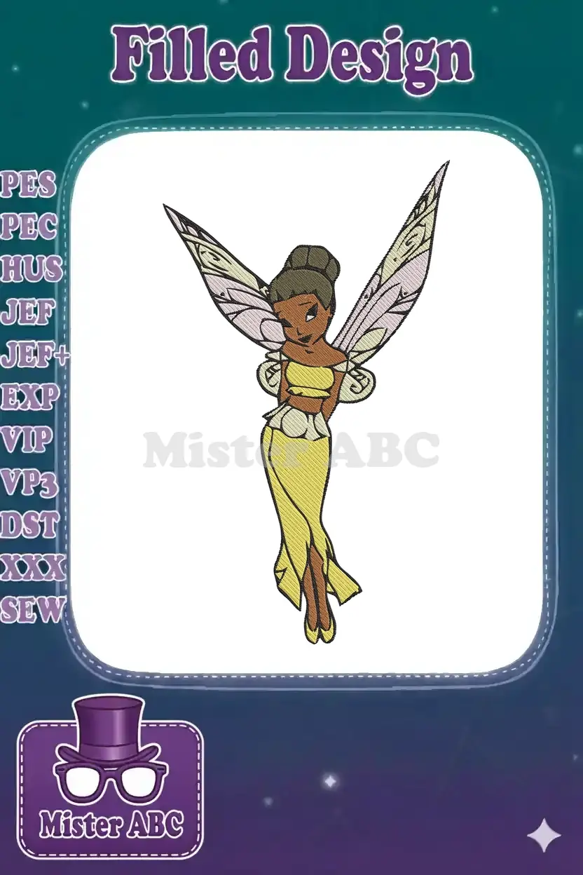 Embroidery design of Tiana from Princess and the Frog as a fairy, with a yellow dress and intricate wings.