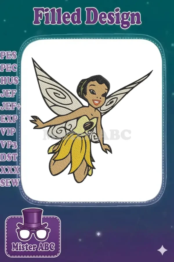 A delightful embroidery of Princess Tiana as a fairy, with shimmering wings and a vibrant yellow dress.