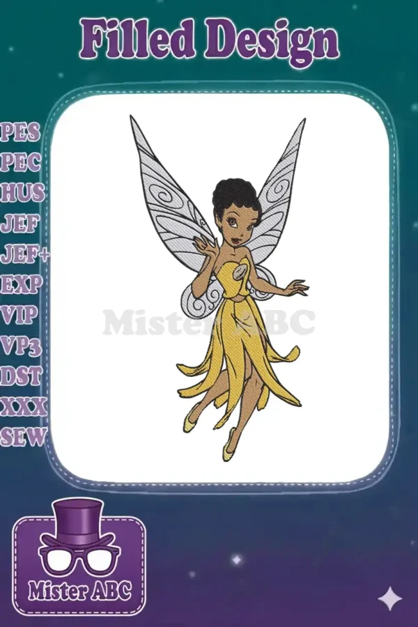 A delightful embroidery design of a dark-skinned fairy with short dark hair, wearing a yellow petal dress and delicate wings.