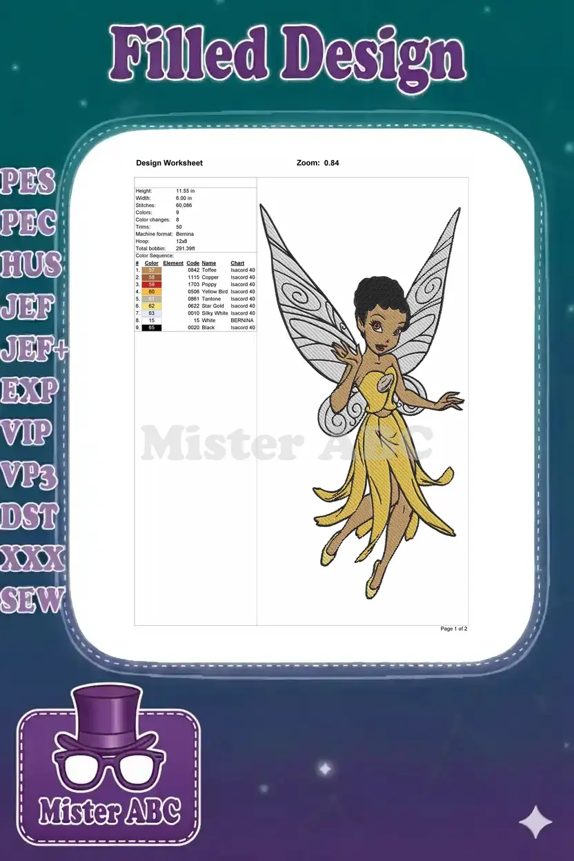 A design worksheet displaying the fairy embroidery with technical specifications, including dimensions, stitch count, and thread colors.