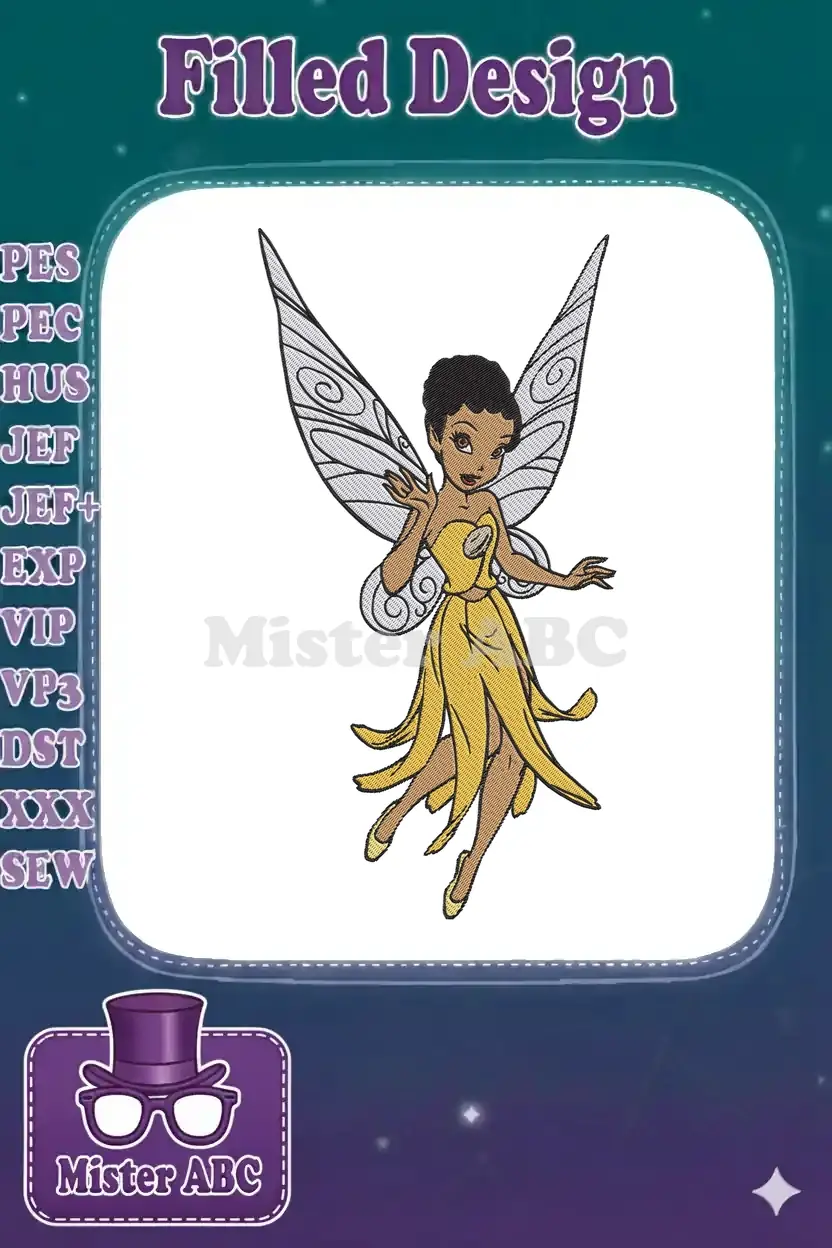 A delightful embroidery design of a dark-skinned fairy with short dark hair, wearing a yellow petal dress and delicate wings.